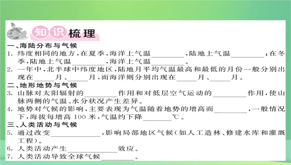 2018秋七年级地理上册第4章第三节影响气候的主要因素(第2课时海陆分布与气候地形地势与气候人类活动与气候PPT模板_02