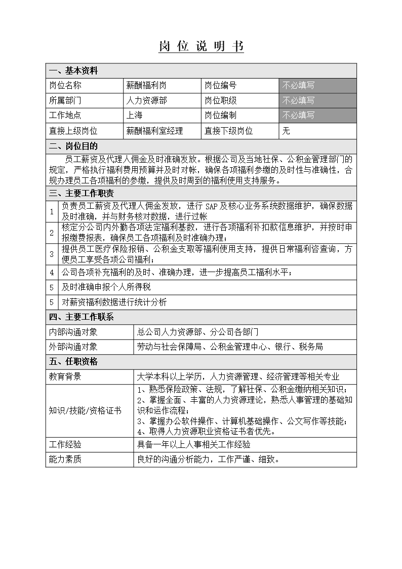 薪酬福利崗位職責(zé)Word模板