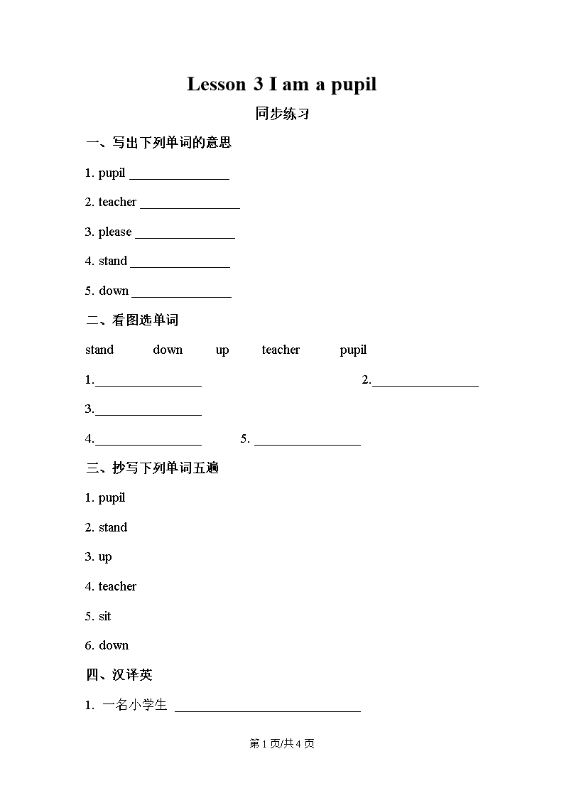 三年級上冊英語同步練習(xí)Lesson-3-I-am-a-pupil-同步練習(xí)2接力版Word模板