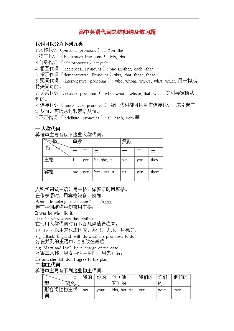 高中英語代詞總結歸納及練習題Word模板