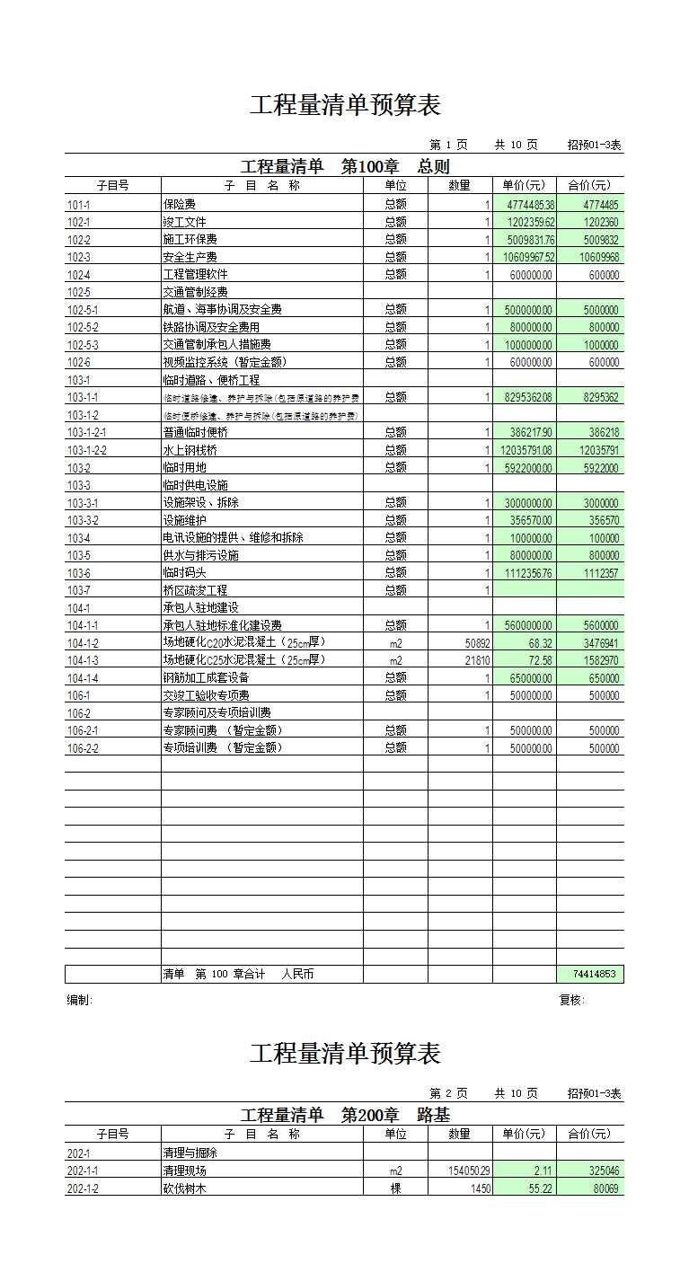 工程量清单预算表Excel模板