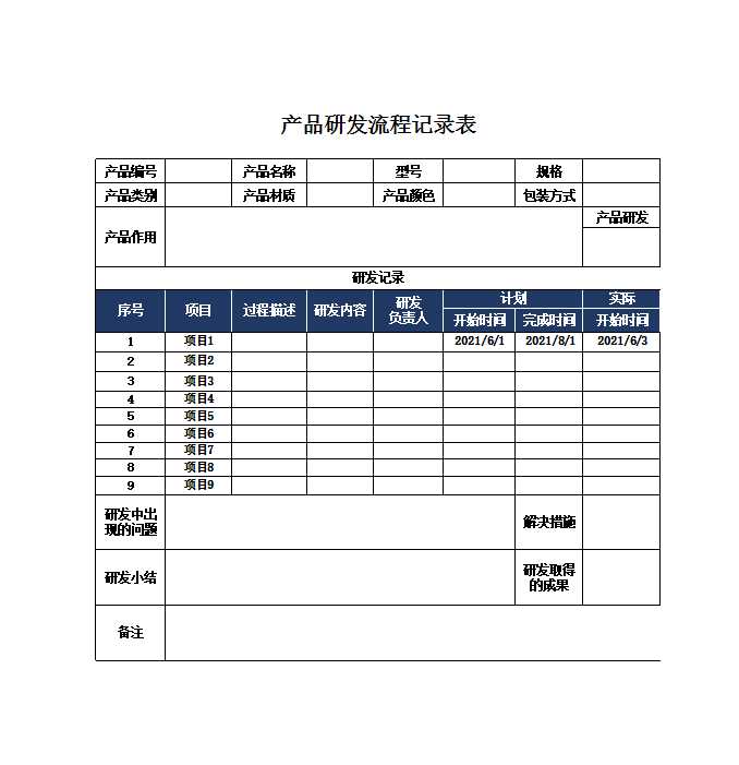 產品研發流程記錄表Excel模板