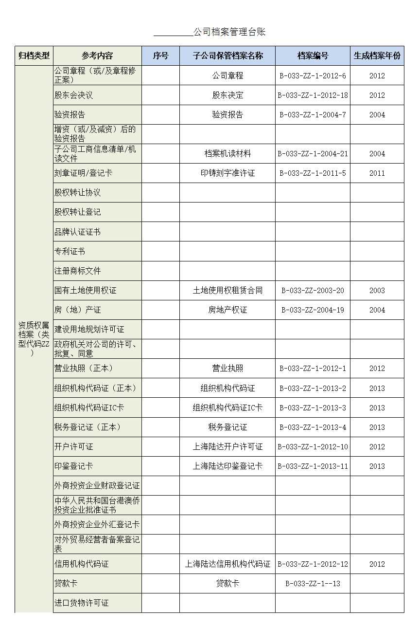 档案管理台账Excel模板