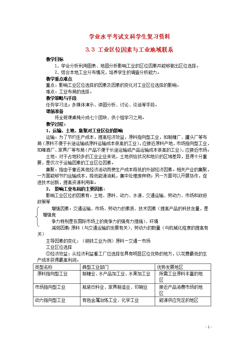 高二地理學業水平考試文科學生復習3.3工業區位因素與工業地域聯系學案湘教版Word模板