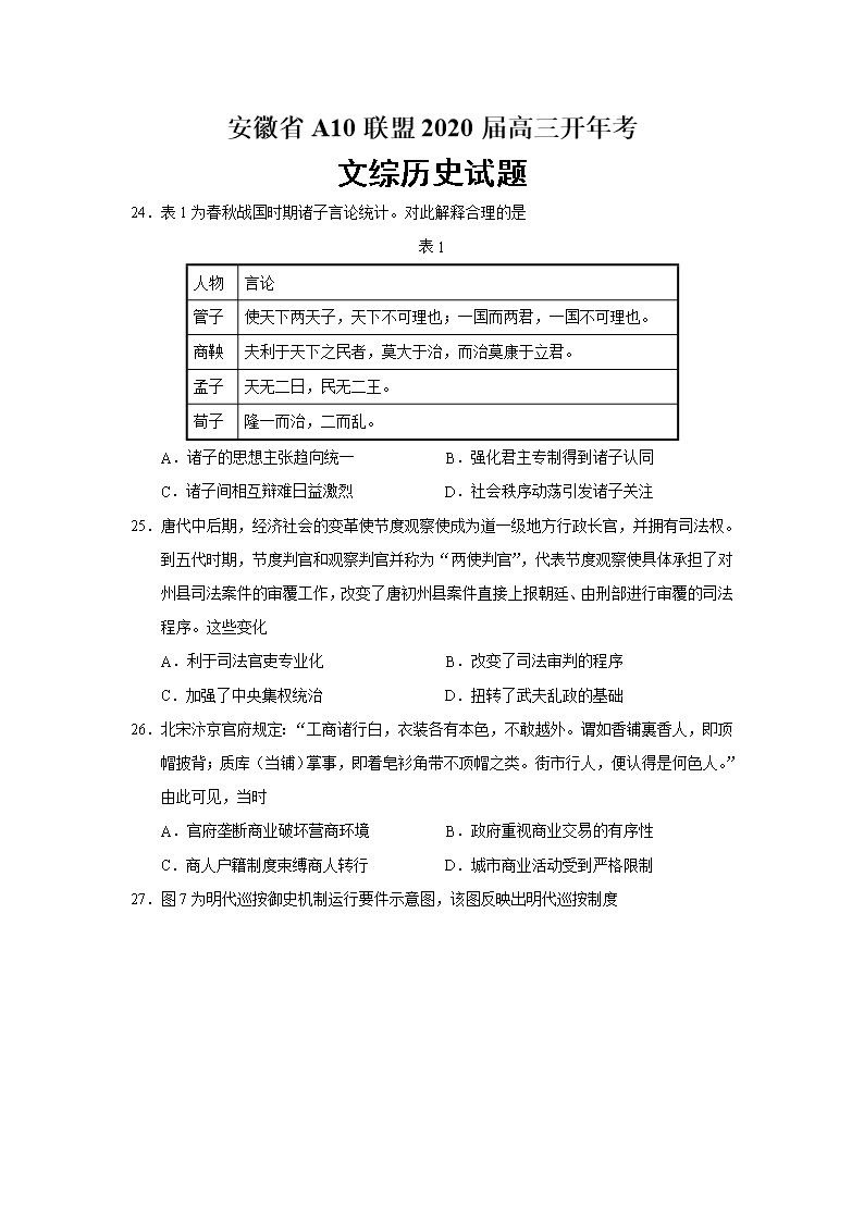 安徽省a10联盟2020届高三开年考文综历史试题(word版)Word模板