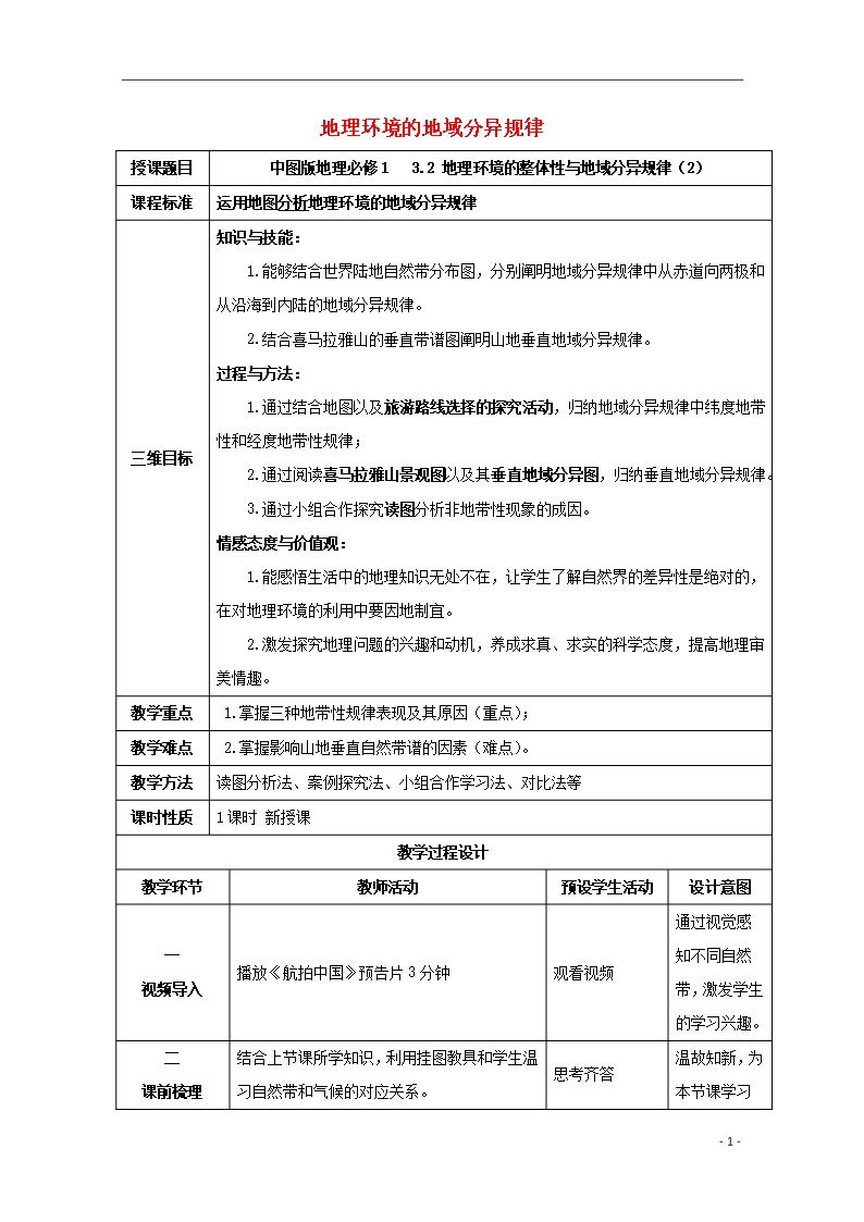 2021-2022学年高中地理第三章地理环境的整体性和区域差异第二节地理环境的整体性和地域分异教案3Word模板