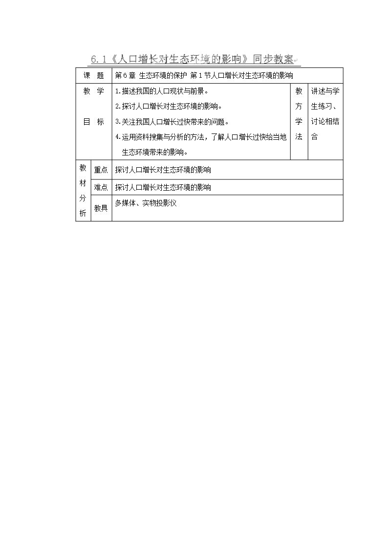 江蘇省邳州市第二中學高二生物上冊6.1《人口增長對生態環境的影響》教案(2)(人教版-必修3)Word模板