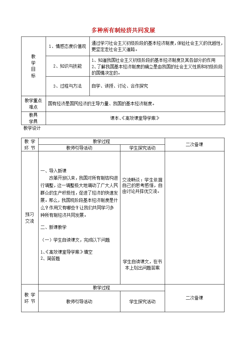 江苏省启东市陈兆民中学九年级政治全册-第十课-第1框-多种所有制经济共同发展教案-苏教版版Word模板