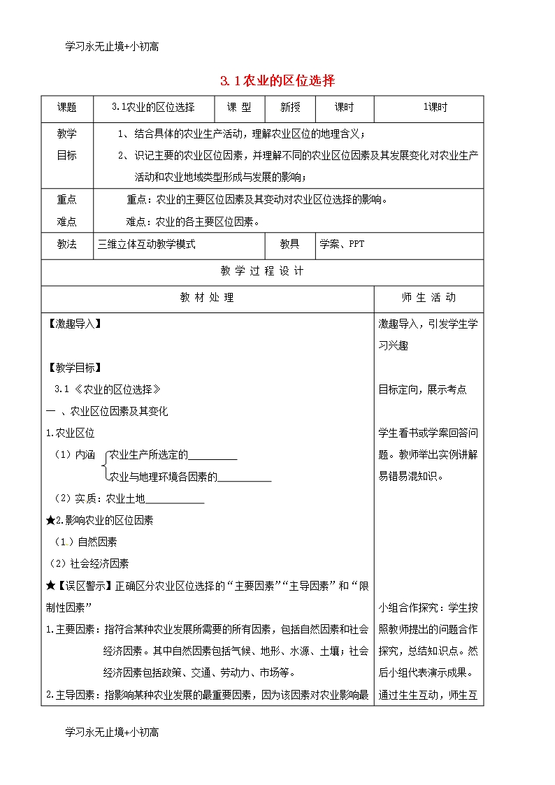 【精品學習】遼寧省本溪滿族自治縣高級中學高中地理3.1農業的區位選擇教案新人教版必修2Word模板