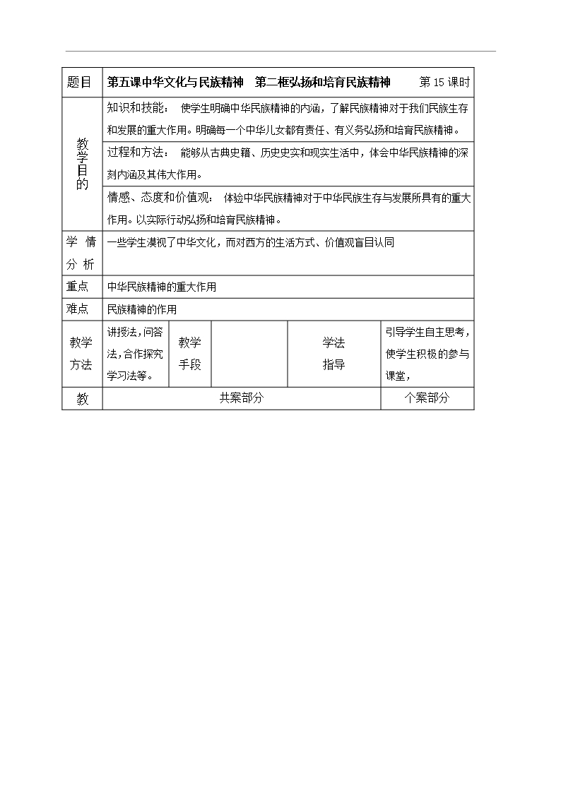 遼寧省鞍山市第二中學(xué)九年級政治全冊教案5.2弘揚(yáng)和培育民族精神Word模板