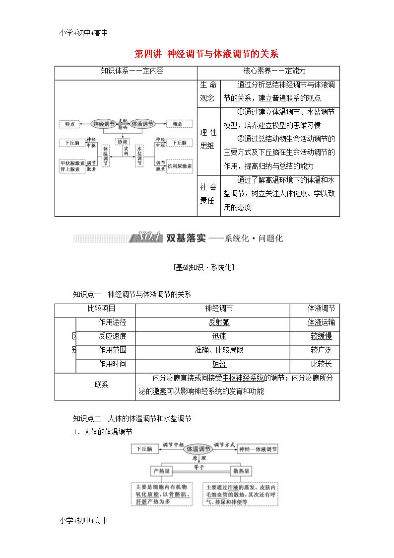 教育最新2019版高考生物一輪復習第八單元動物和人體生命活動的調節第四講神經調節與體液調節的關系精選教案Word模板