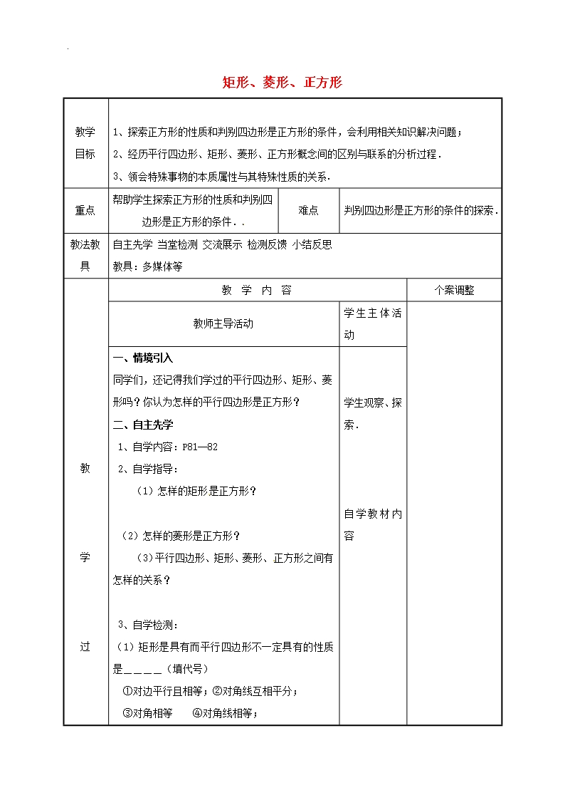 新版蘇科版江蘇省徐州市新沂市八年級數(shù)學(xué)下冊第九章中心對稱圖形-平形四邊形9.4矩形菱形正方形5教案Word模板