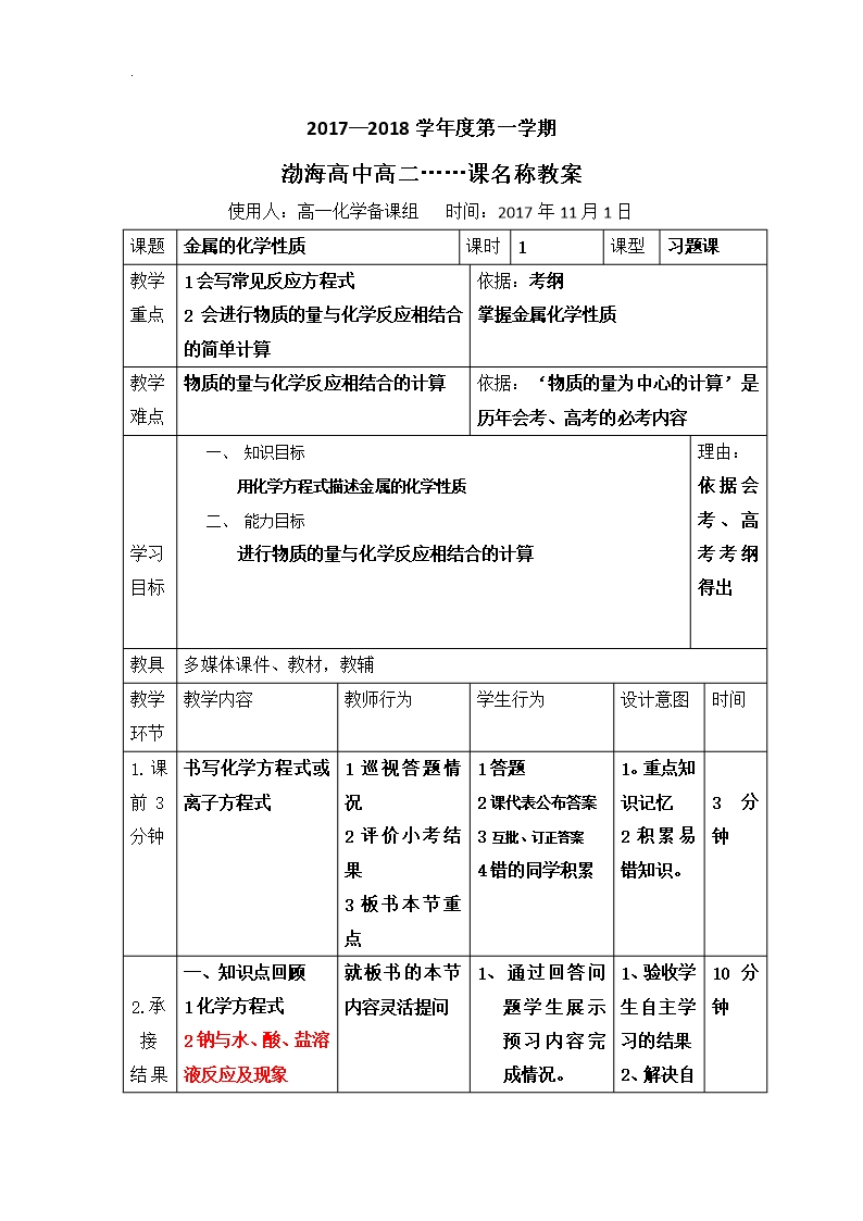 (人教版)遼寧省大連渤海高級(jí)中學(xué)高中化學(xué)必修一教案：3-1-3金屬的化學(xué)性質(zhì)-習(xí)題課Word模板