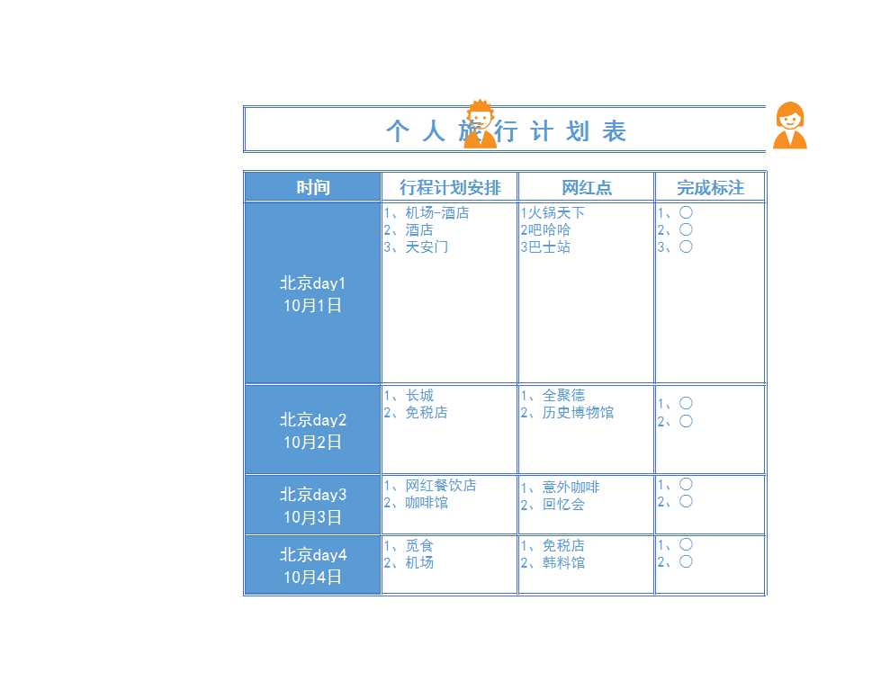 個人旅行計劃表Excel模板