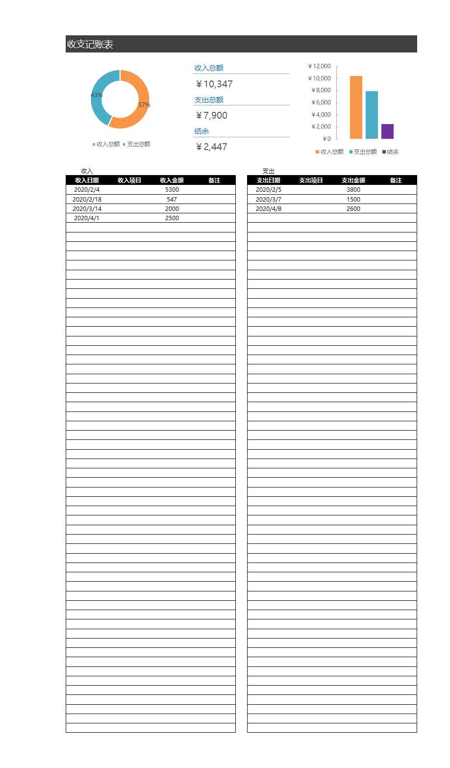 收支记账表Excel模板