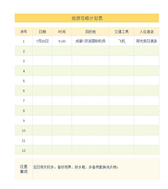 旅游攻略計(jì)劃表Excel模板