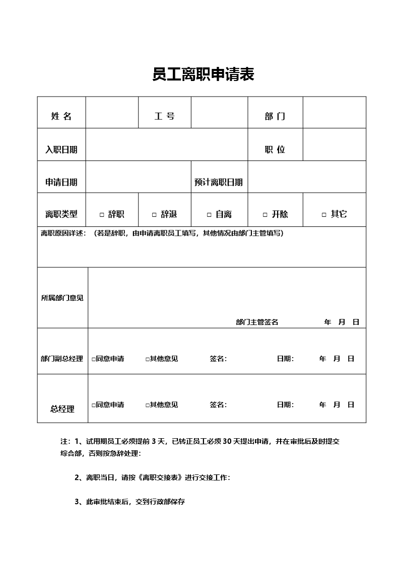 簡約黑色邊框員工離職申請表Word模板