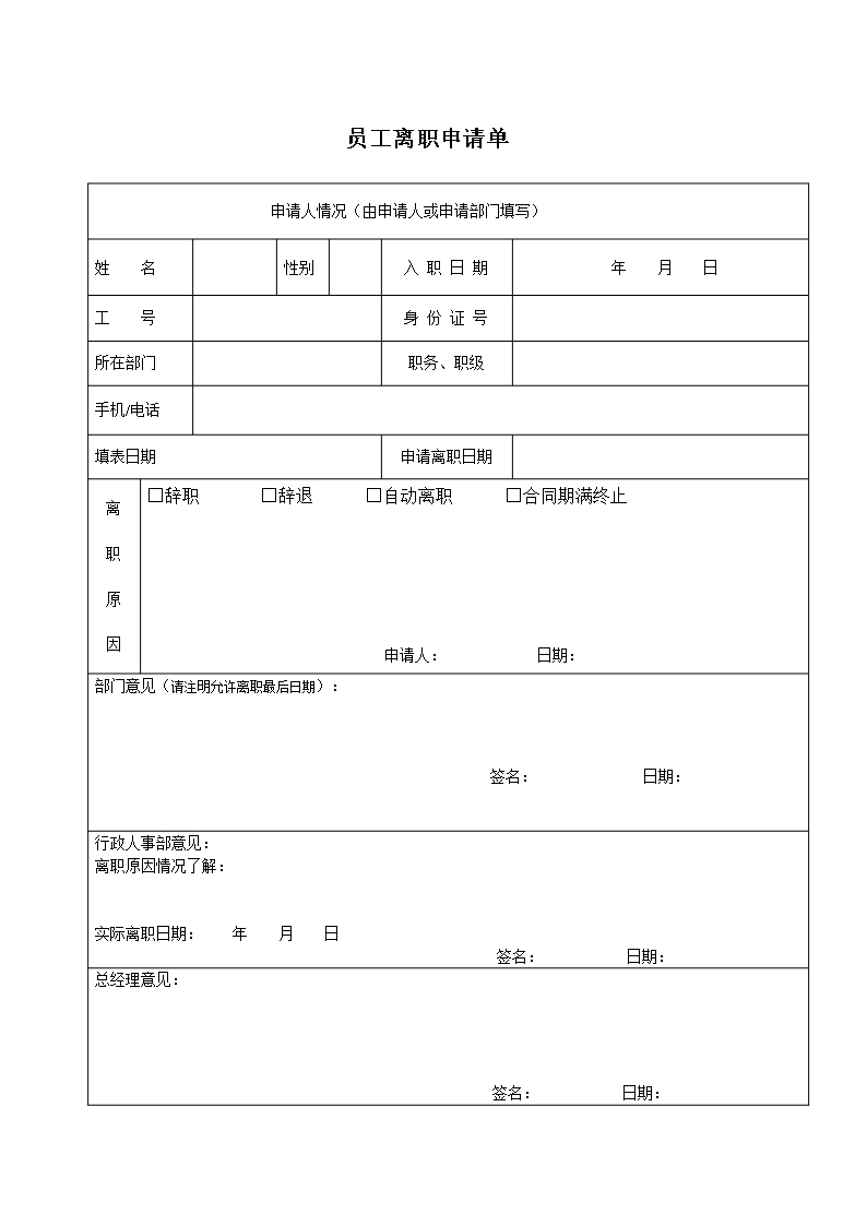 公司员工离职申请表Word模板