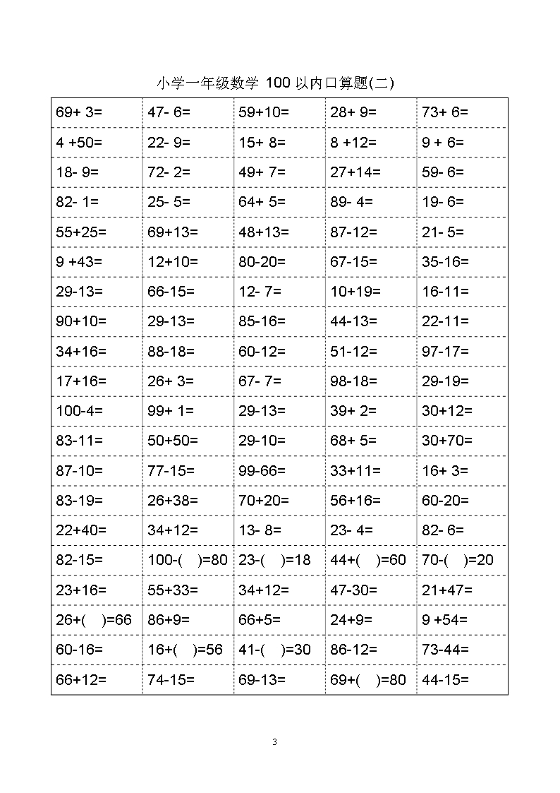 小学一年级数学100以内口算题word模板_03