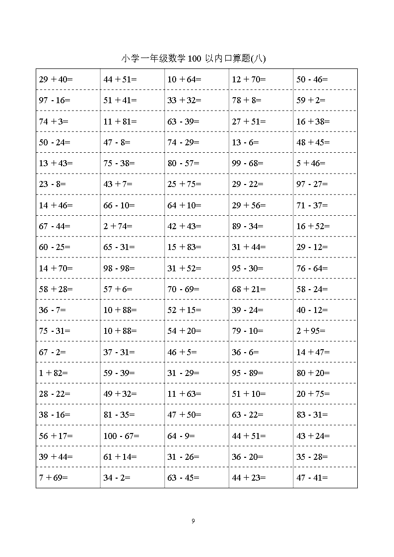 小学一年级数学100以内口算题word模板_09