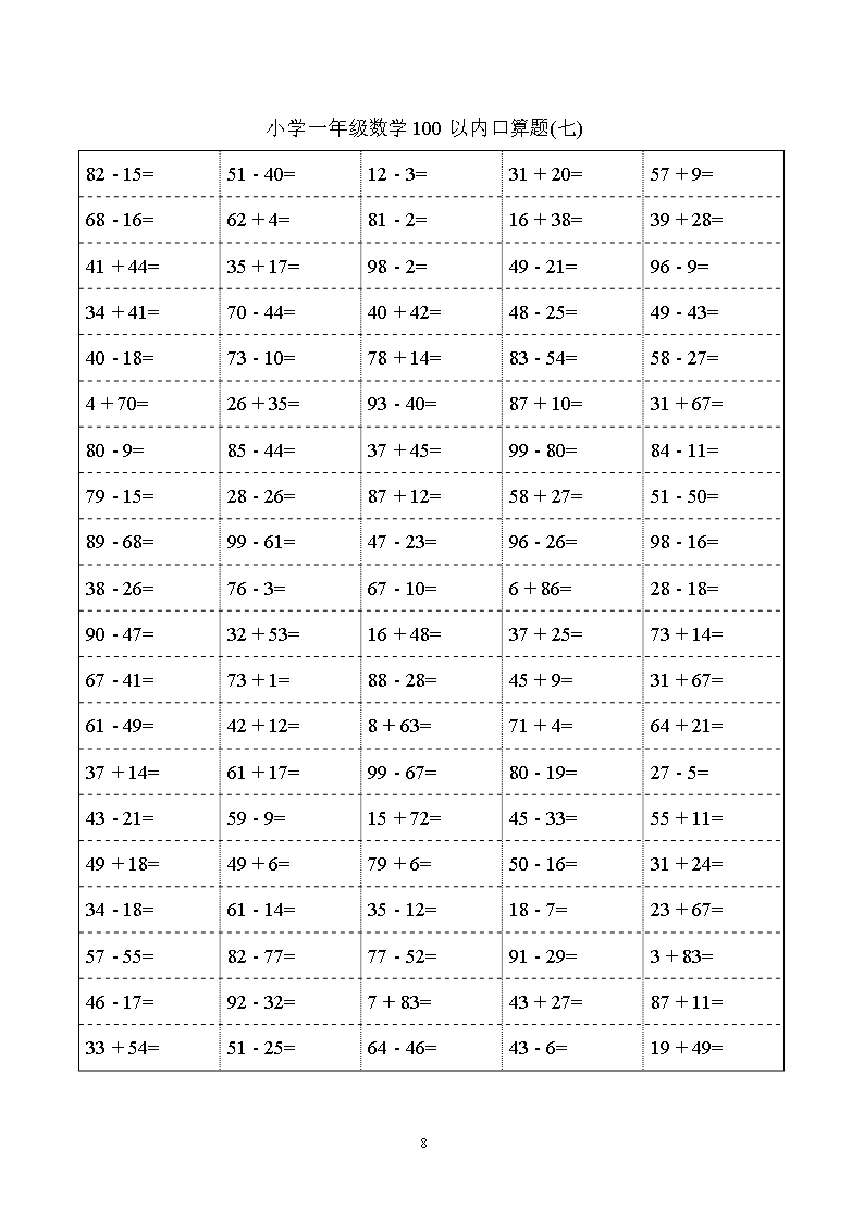 小学一年级数学100以内口算题word模板_08