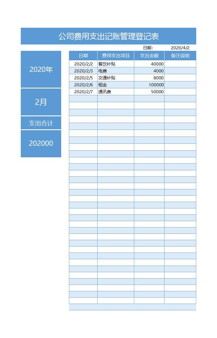 公司費用支出記賬管理登記表Excel模板