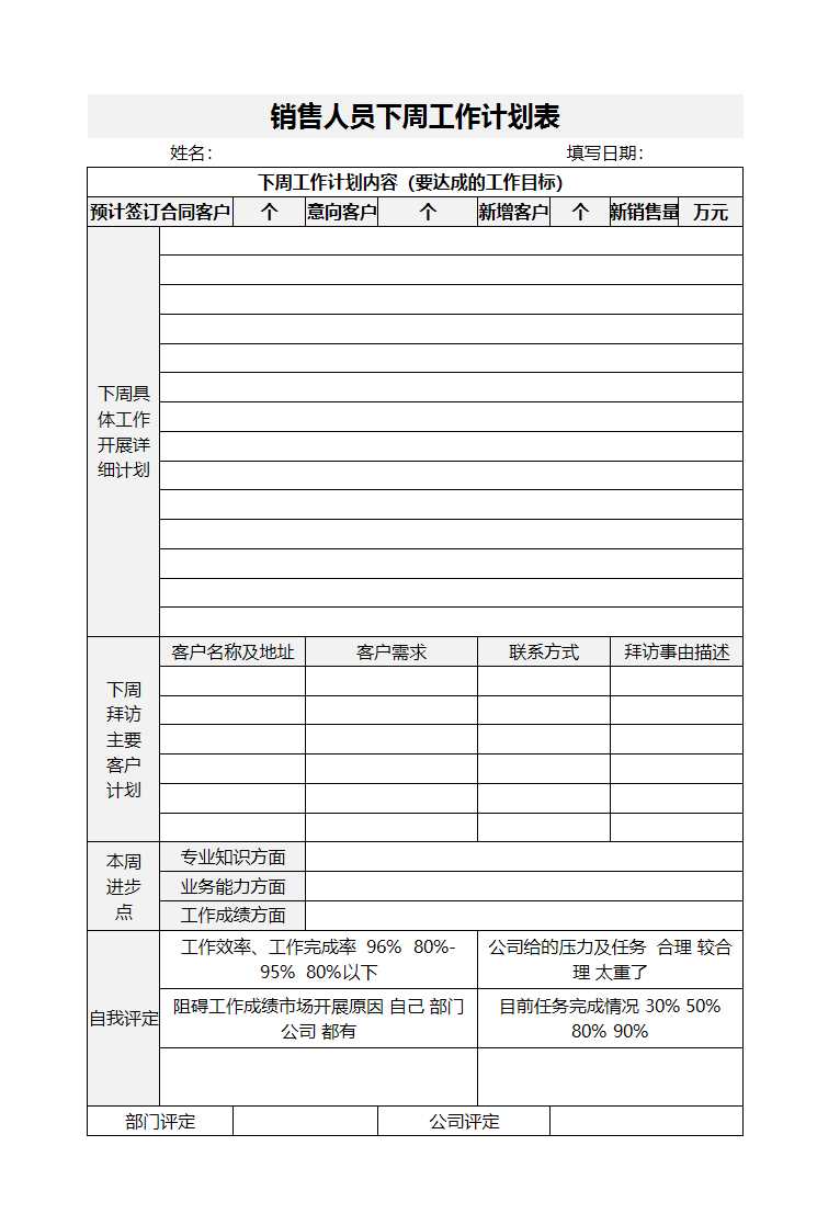 銷售人員下周工作計劃表Excel模板