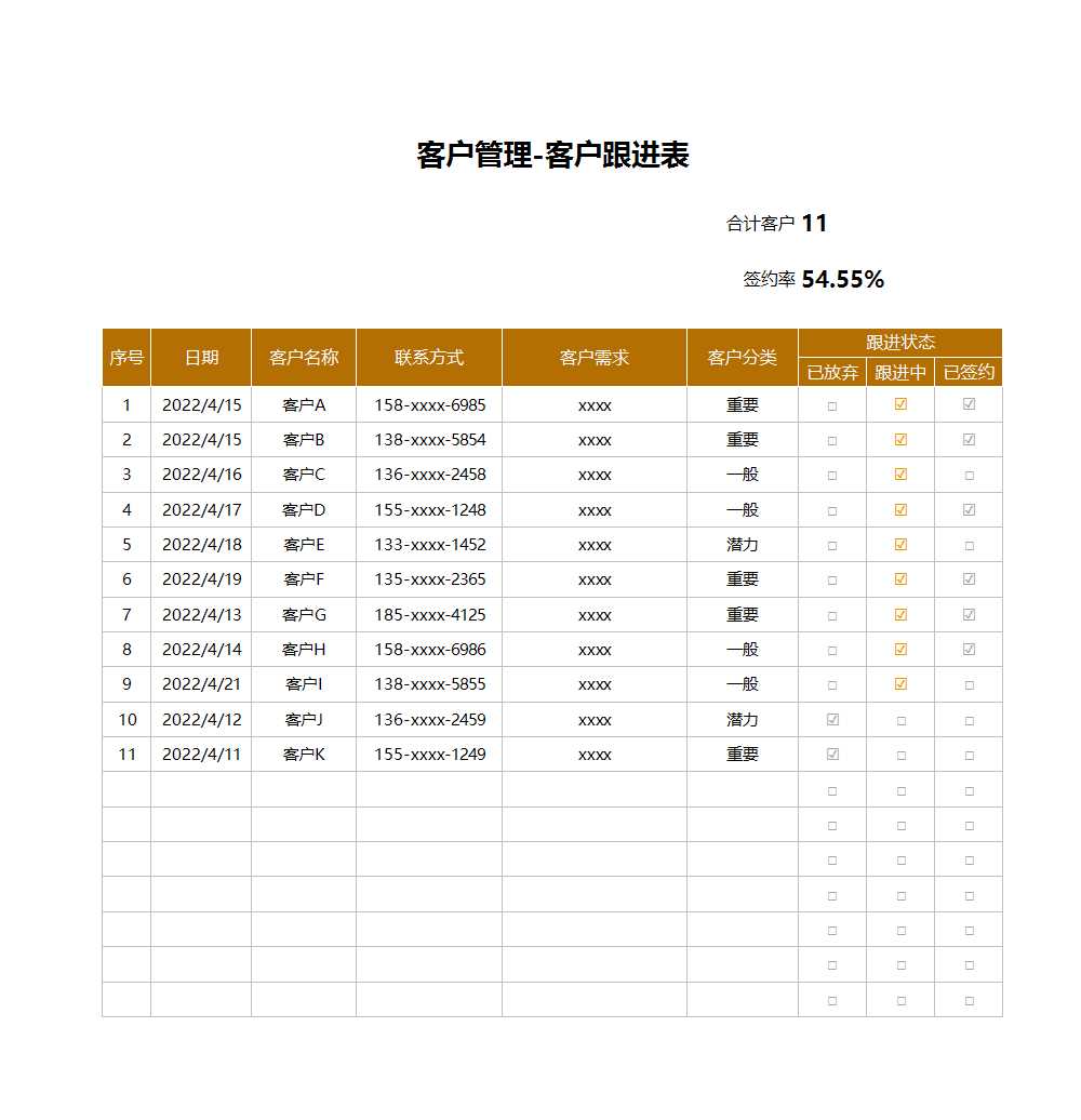 客戶跟進表Excel模板