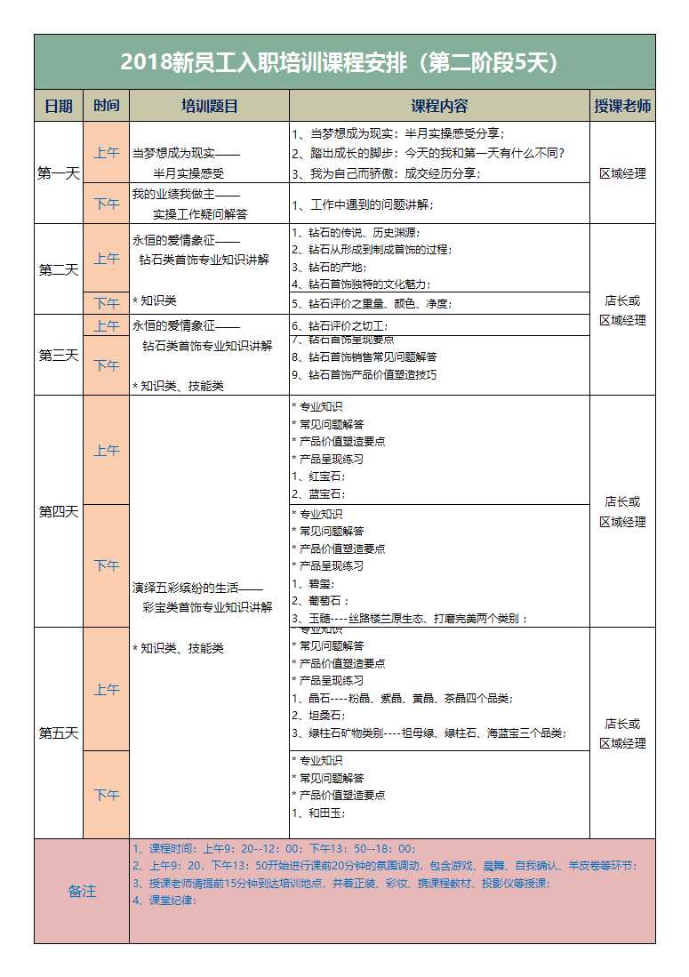 2023新员工入职培训课程表excel模板