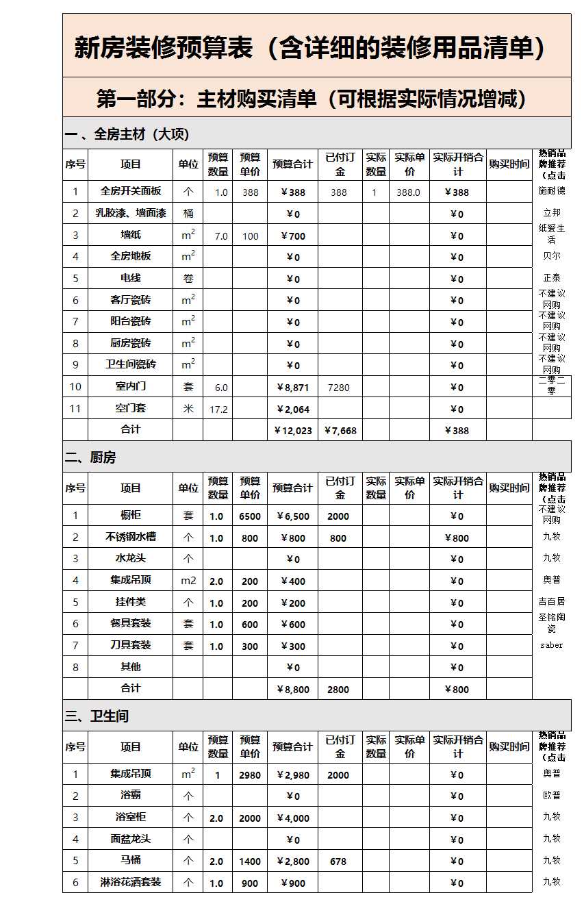 簡約新房裝修預(yù)算表Excel模板