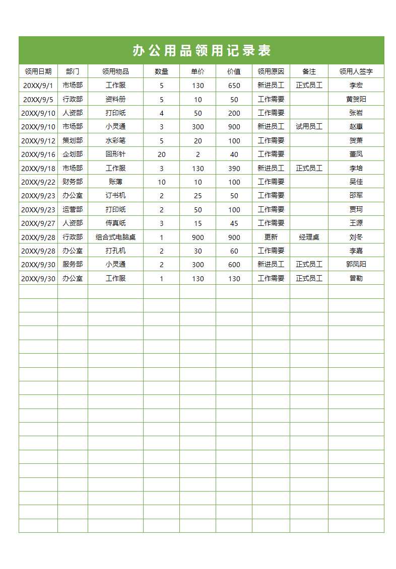 辦公用品領用記錄表excel表格Excel模板