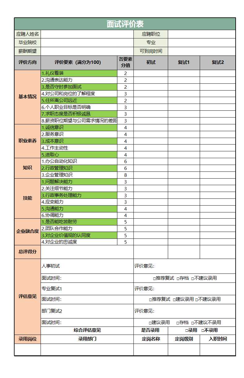 行政类面试评价表excel模板