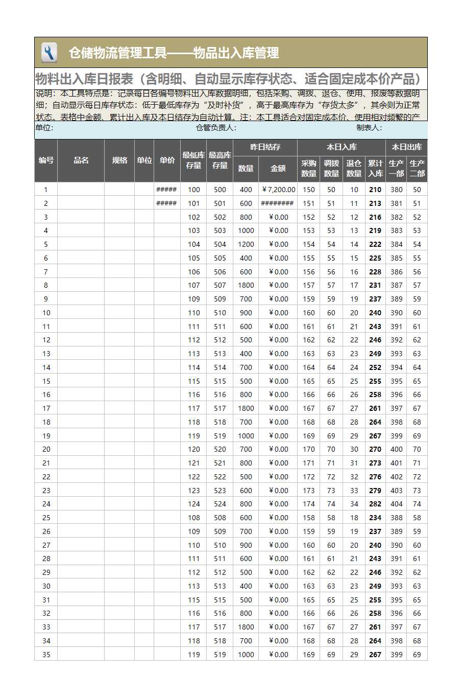 物品出入庫管理Excel模板