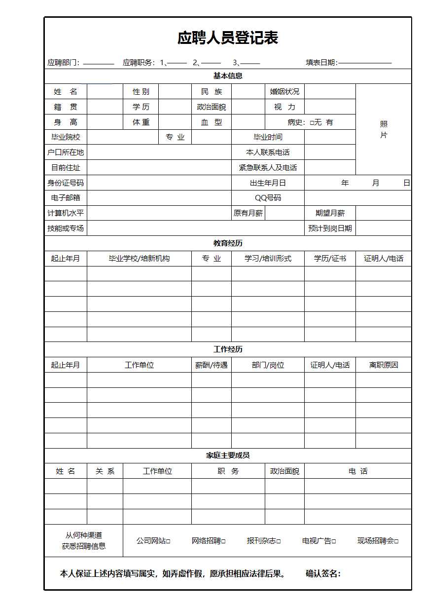 应聘人员登记表Excel模板