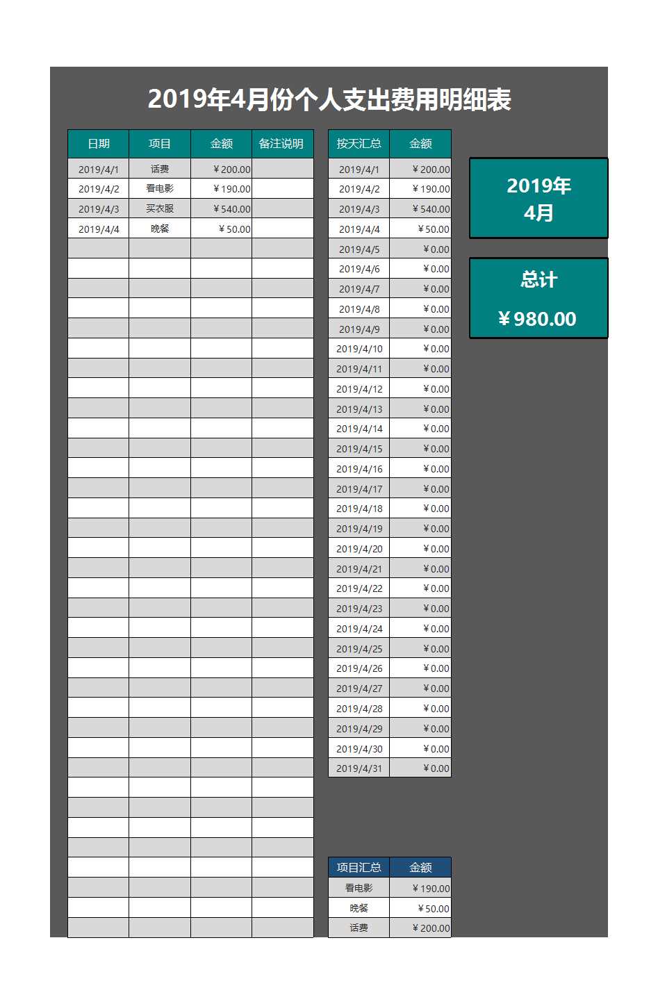 个人支出费用明细表Excel模板