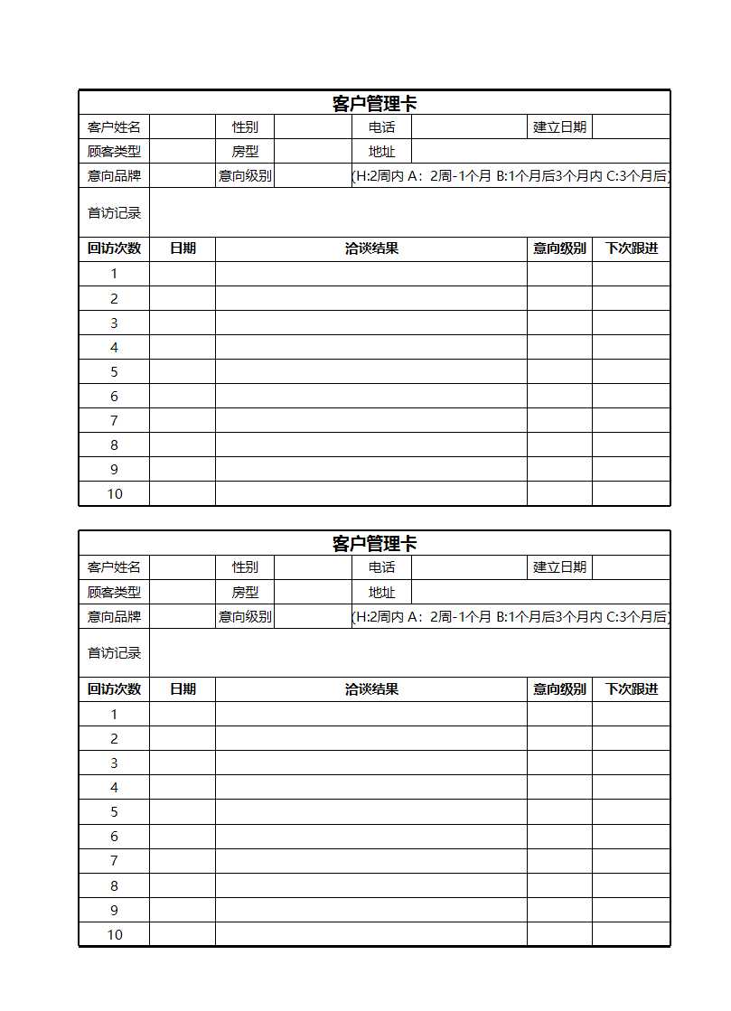 客户信息管理卡Excel模板