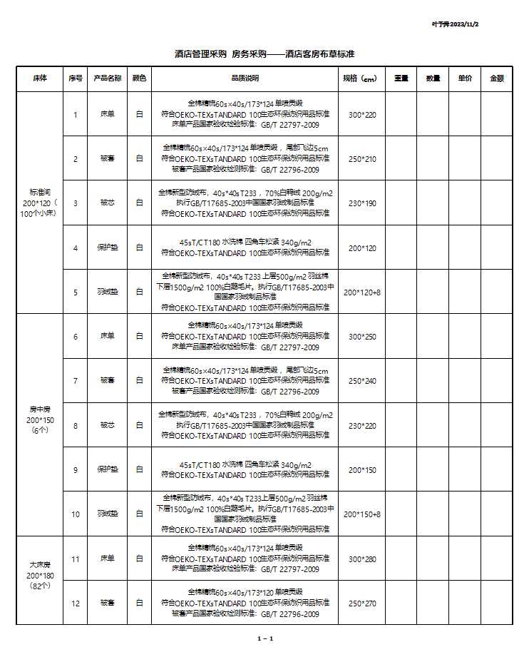 酒店管理采购--房务采购——酒店客房布草标准2016(叶予舜)Excel模板