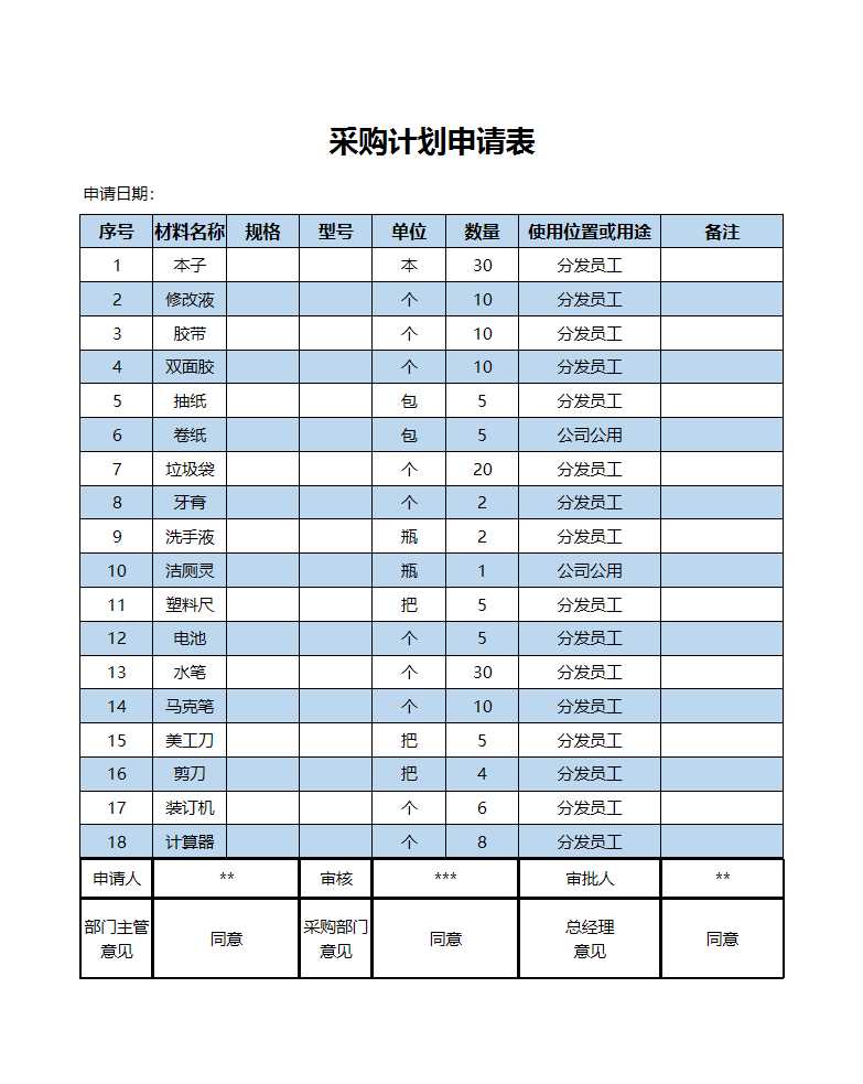 采購計劃申請表Excel模板