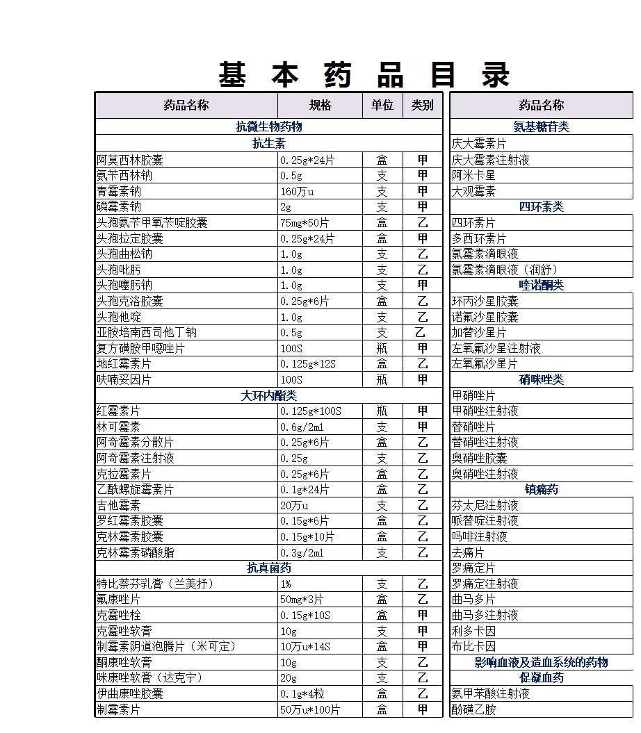 醫(yī)院常用藥品目錄Excel模板