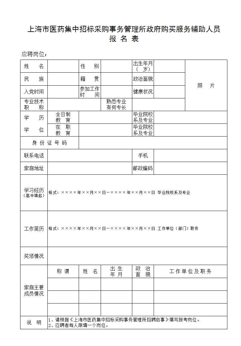 《上海市医药集中招标采购事务管理所政府购买服务辅助人员Excel模板