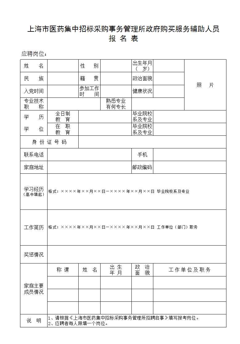 《上海市醫藥集中招標采購事務管理所政府購買服務輔助人員Excel模板