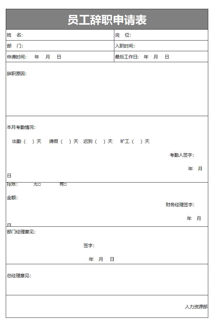 員工辭職申請表Excel模板