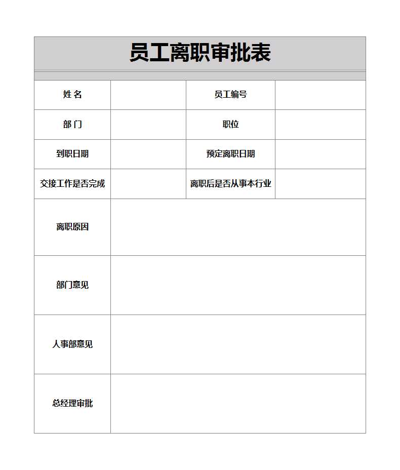 公司企業員工離職審批表表格模板excel模板