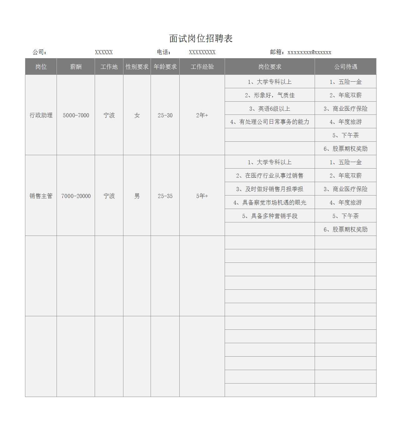 面试岗位招聘表Excel模板