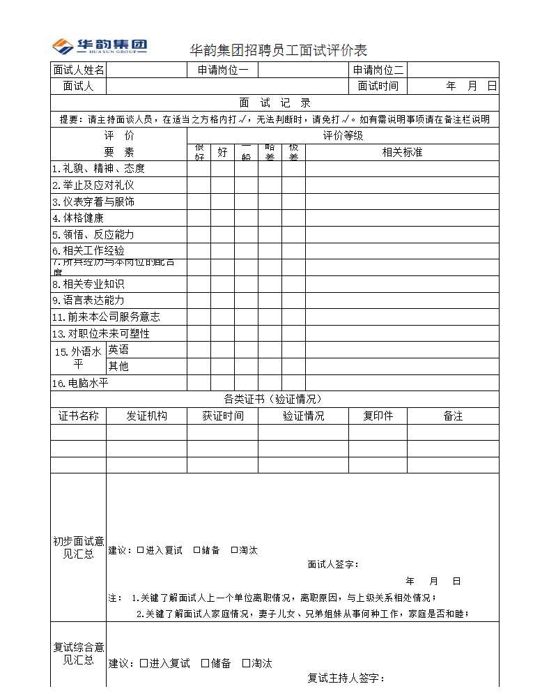 招聘员工面试评价表Excel模板