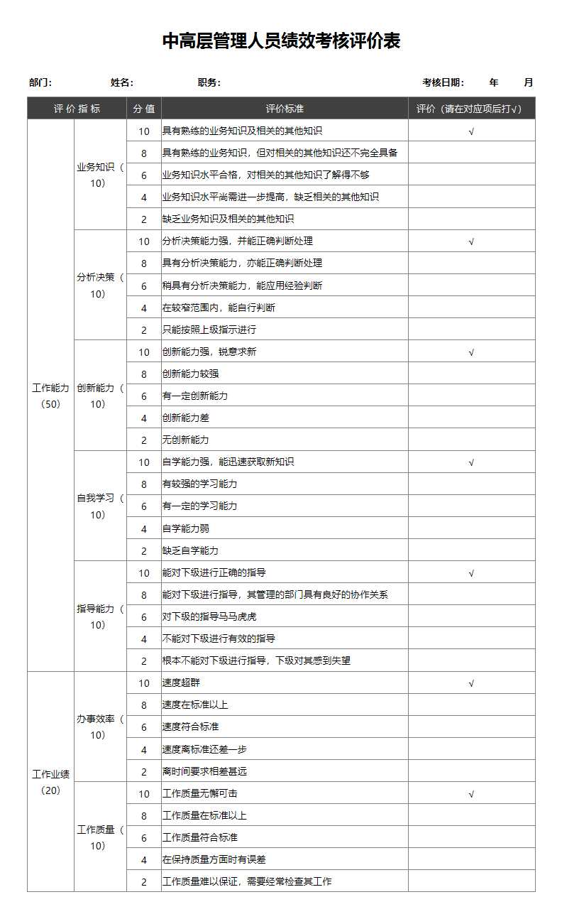 中高层管理人员绩效考核评价表Excel模板