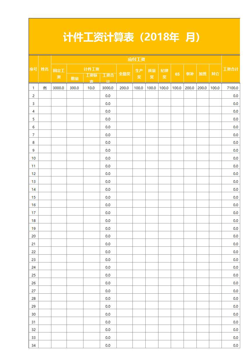 计件工资计算表（生产车间工程等）Excel模板
