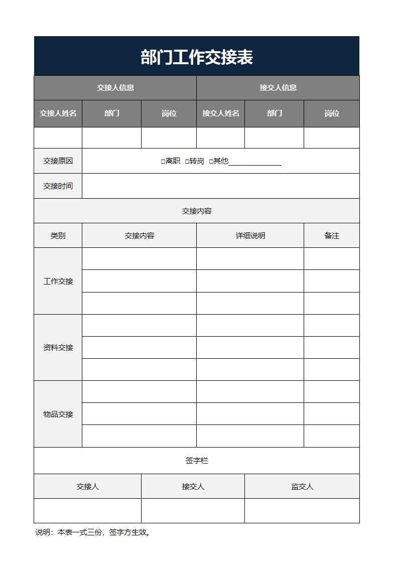 部門工作交接表Excel模板