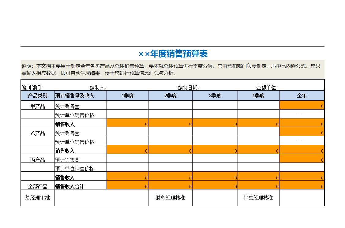 销售收入预算表Excel模板