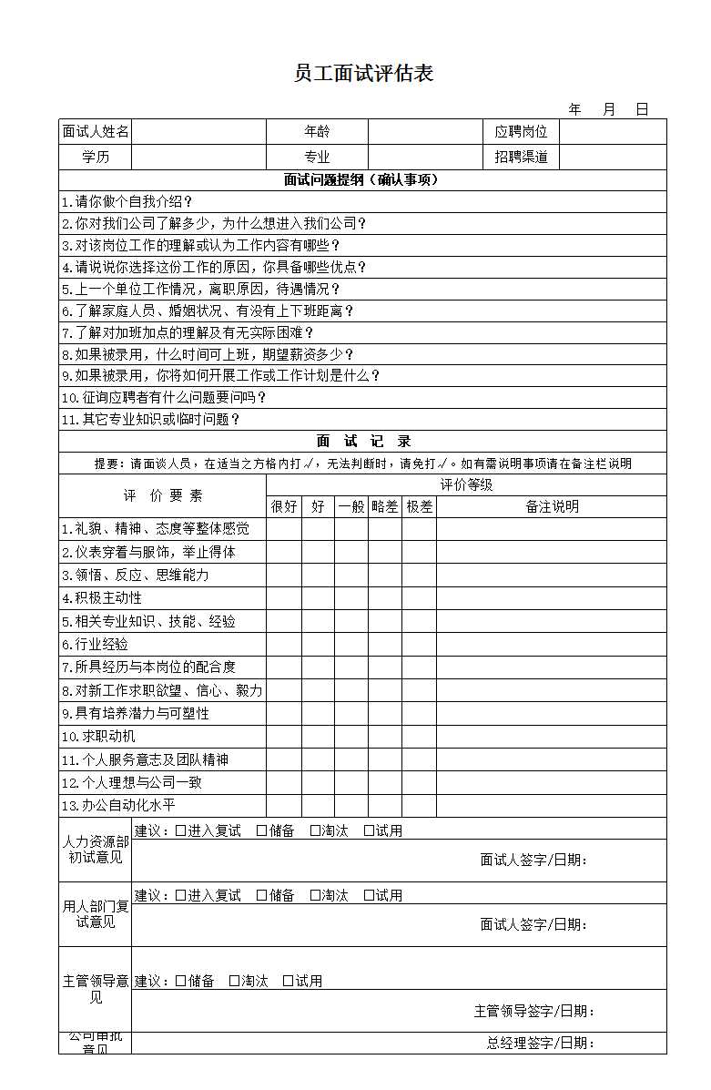 公司招聘员工面试评估表Excel模板